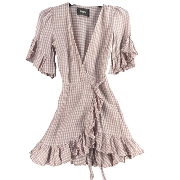 Reformation Dress Womens Small Pink Gingham Linen Wrap Ruffle Mini USA - Picture 15 of 15